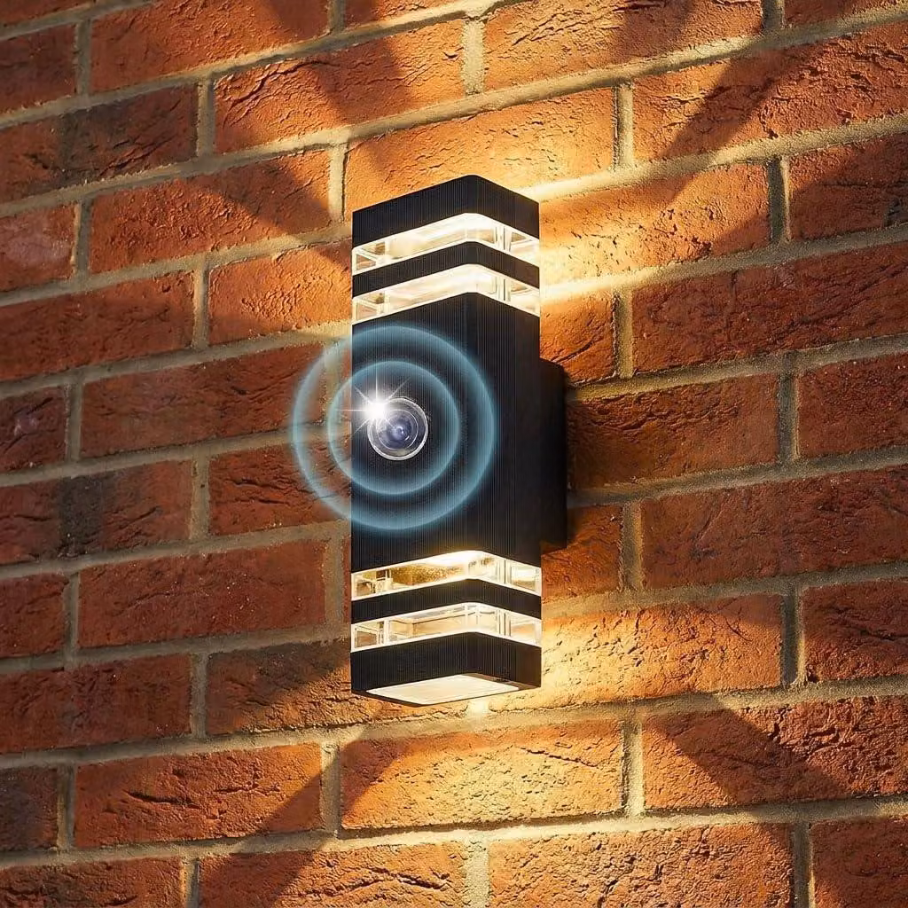 Lampada da parete esterna, modello up-down, attacco GU10, colore nero, alluminio, grado di protezione IP65, con sensore di luminosità crepuscolare