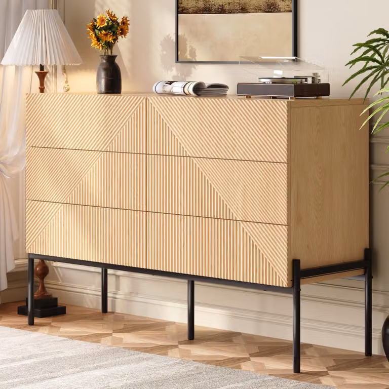 Credenza Merax con texture 3D e 6 cassetti, effetto legno, comò multifunzionale con gambe in metallo, mobile da soggiorno per soggiorno e sala da pranzo