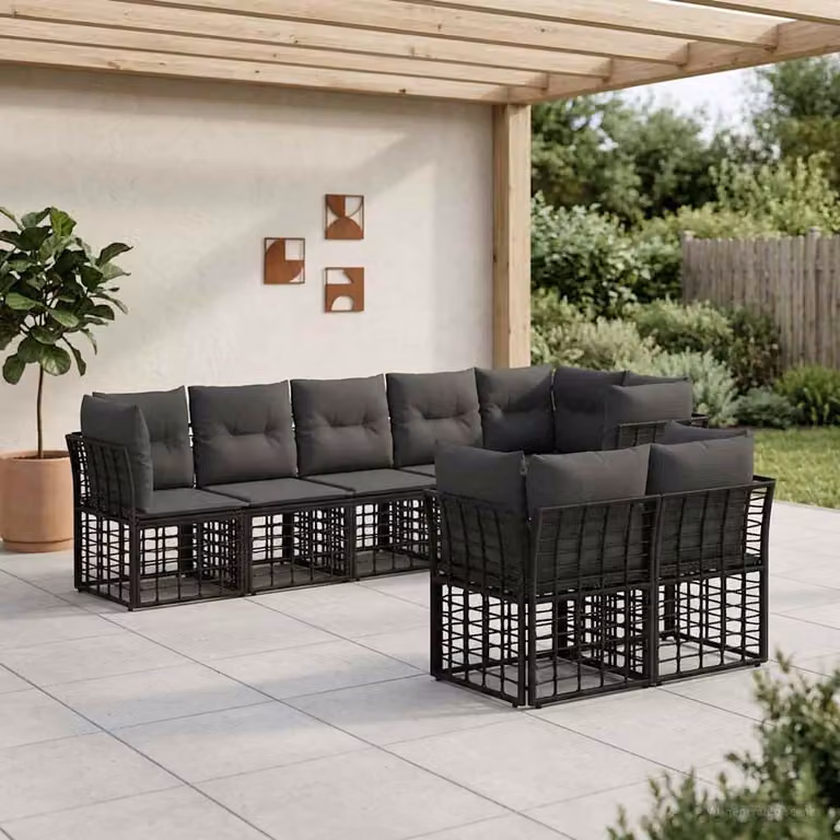 Set di divani da esterno a L vidaXL in polyrattan nero con cuscini in poliestere resistente ai raggi UV