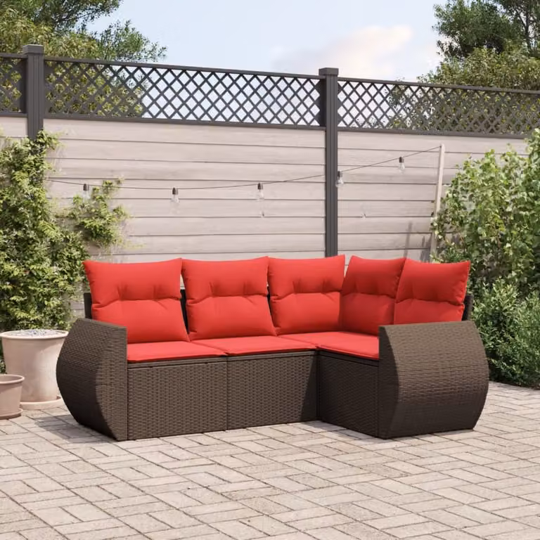 Set di divani da giardino vidaXL 4 pezzi a forma di L in rattan marrone con cuscini imbottiti e coperture rimovibili