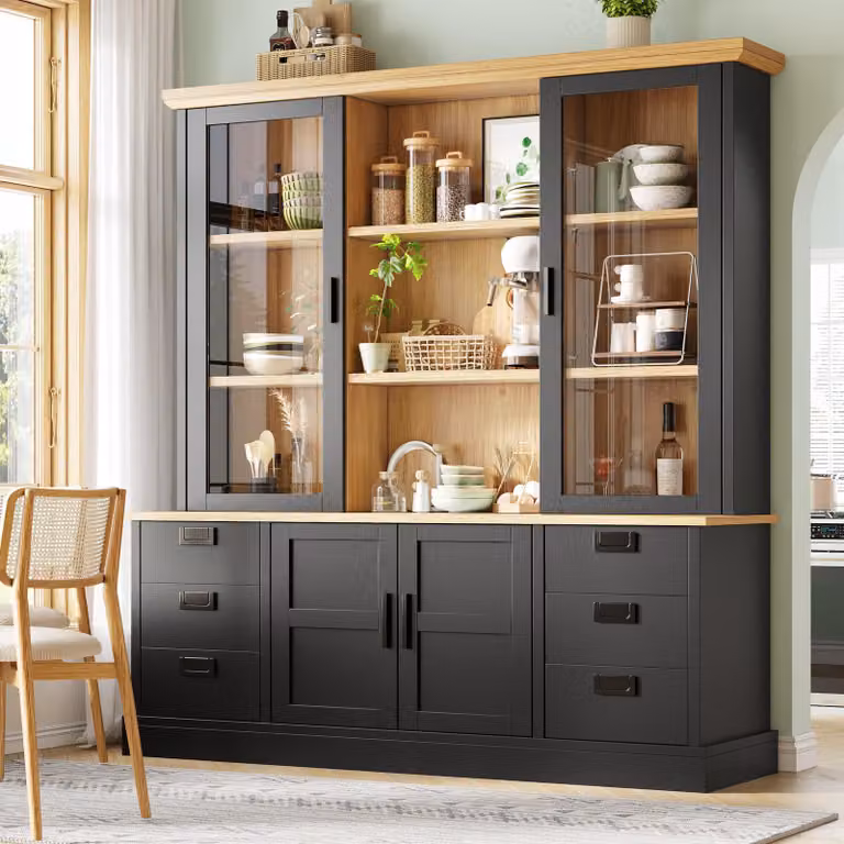 Mobile alto da cucina Flieks con 6 ampi cassetti e ante in vetro, mobile contenitore con sistema antiribaltamento e guide metalliche, credenza 140x40x185 cm, nero