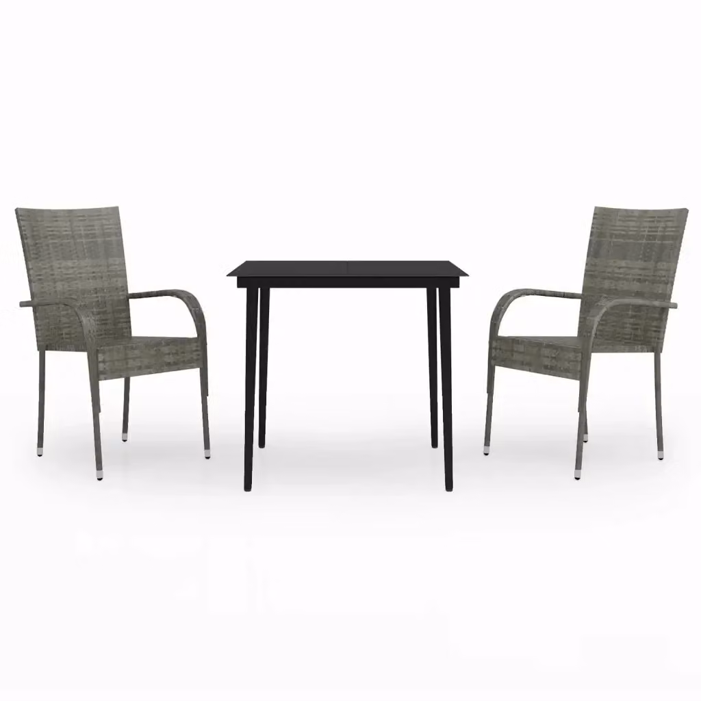 Set da pranzo da giardino moderno vidaXL in polyrattan con tavolo in vetro, 3 pezzi, Grigio e Nero – 2