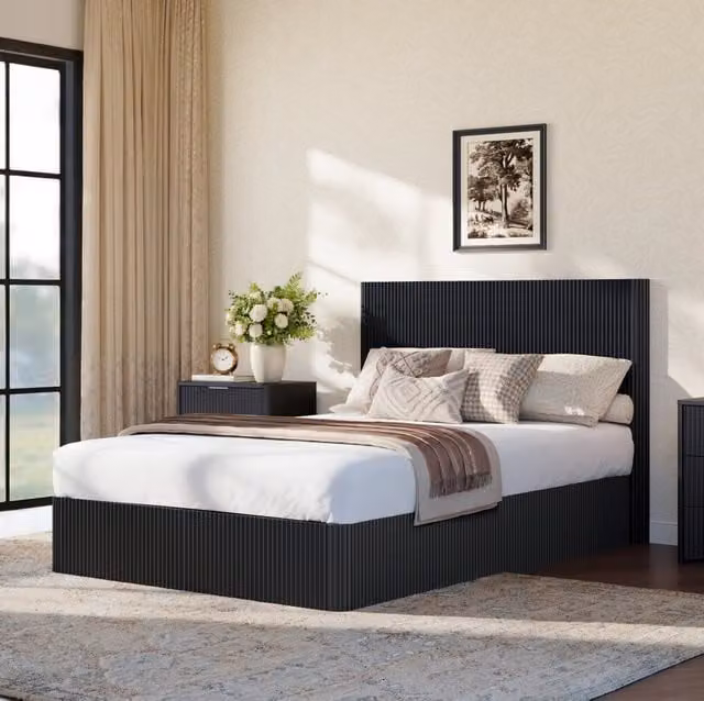 Letto contenitore ULEVR 140x200 cm con sollevamento idraulico, struttura in metallo e finitura nera lucida