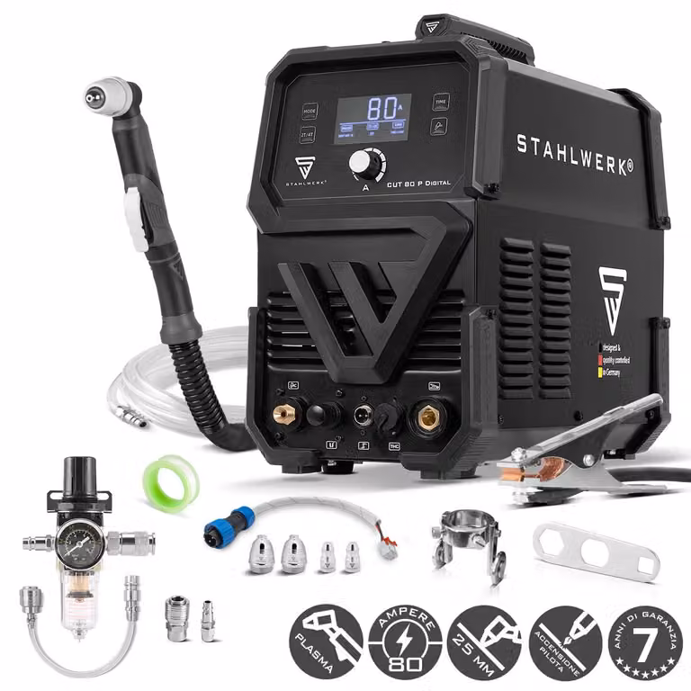 STAHLWERK Taglierina al plasma CUT 80 P Digital - Taglierina al plasma da 80 A, capacità di taglio fino a 25 mm, taglierina al plasma a inverter con accensione pilotata HF