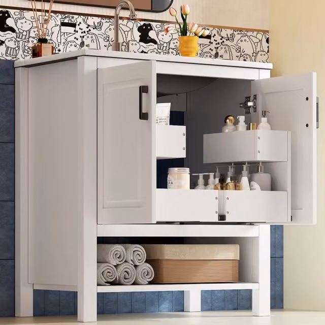 Mobile lavabo freestanding WISHDOR bianco con doppia anta soft-close e vani aperti, L: 76,5 cm, P: 47 cm, H: 83 cm – 1