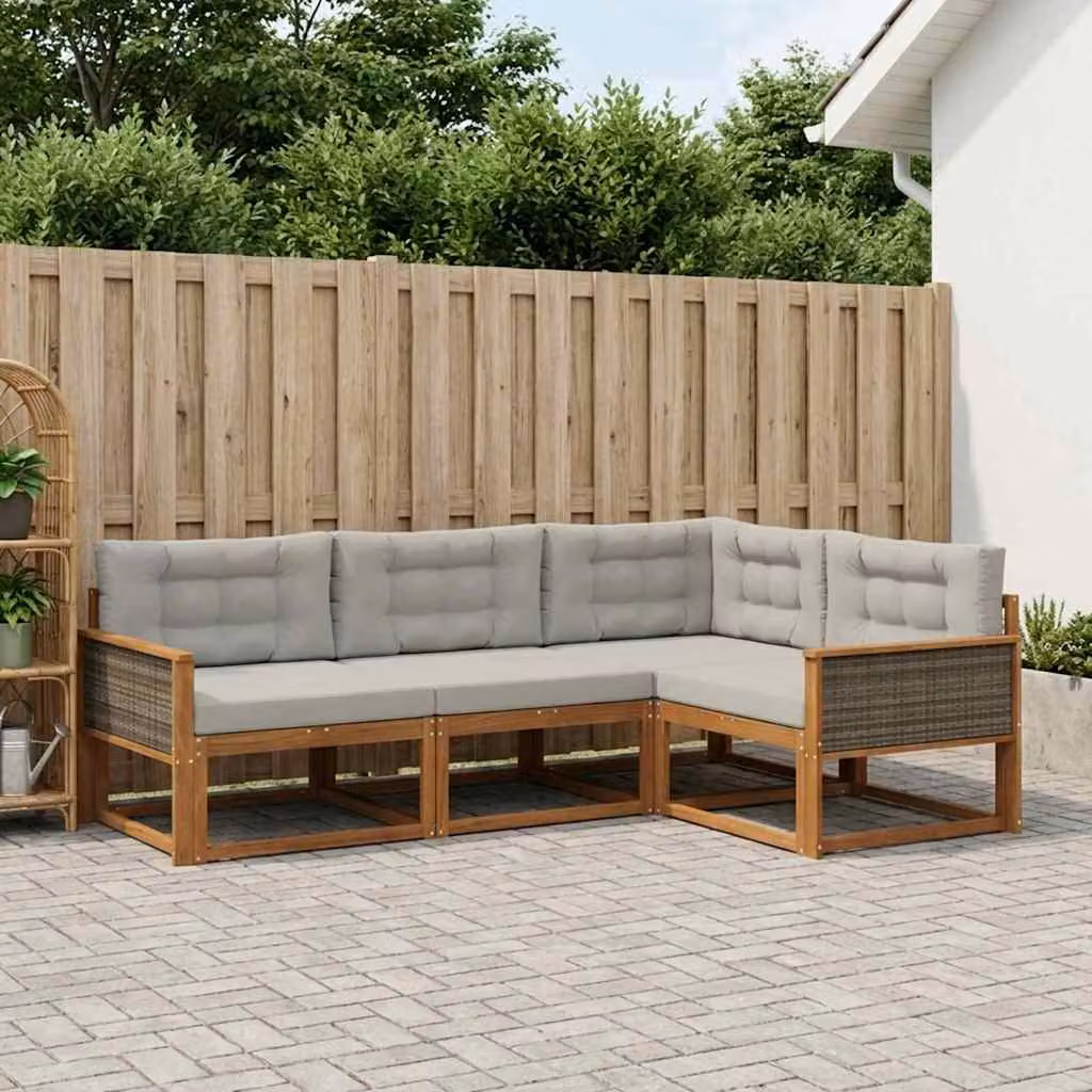 vidaXL Set di divani da esterno a L in legno di acacia con cuscini, 4 pezzi, Grigio e Marrone
