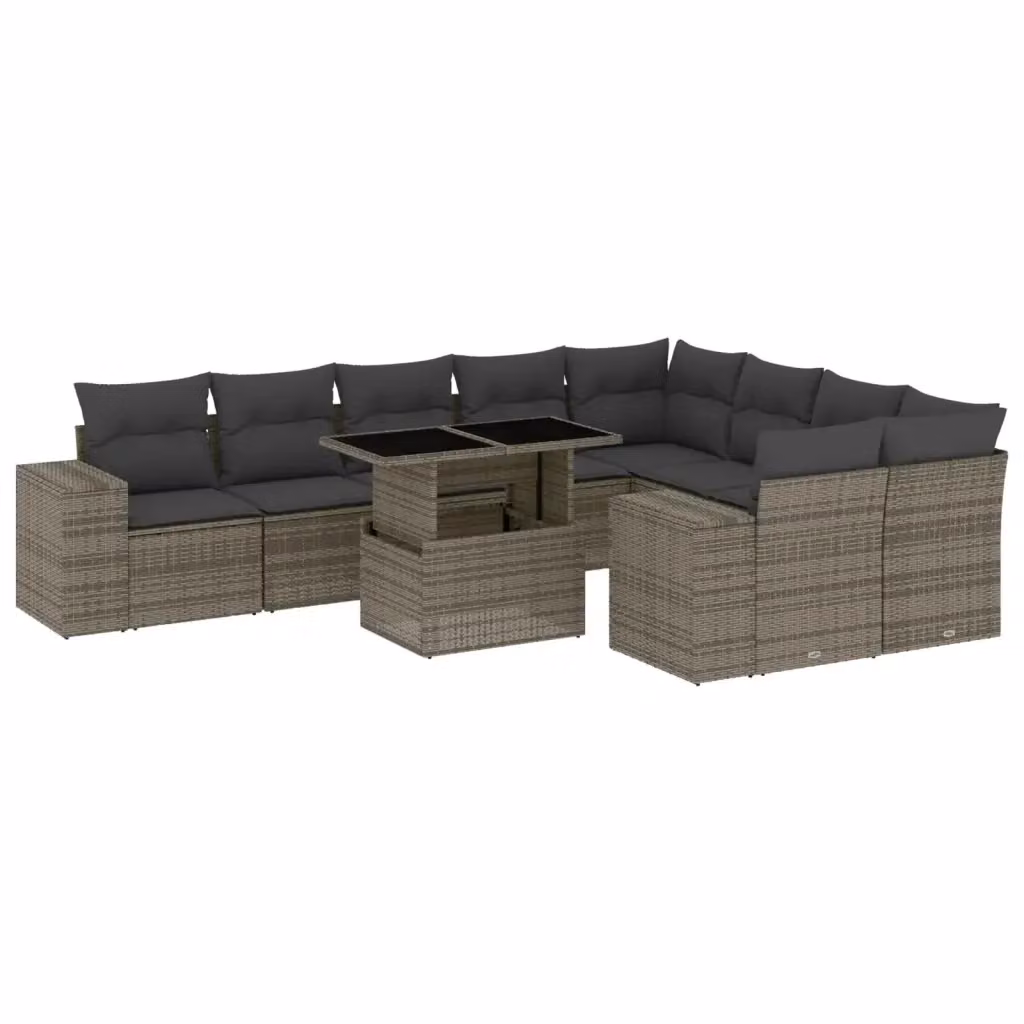 Set Divano da Giardino vidaXL 10 pz a Forma a L con Cuscini Grigio in Polyrattan e Tavolino in Vetro – 2