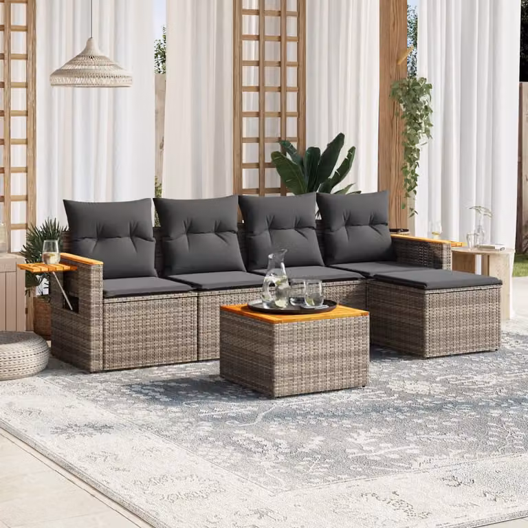 vidaXL Set Divano da Giardino a L 6 pz in Polyrattan Grigio con Cuscini e Tavolino