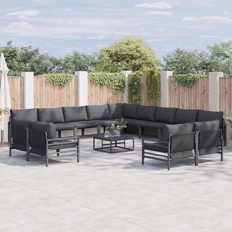 Set Divano da Giardino vidaXL 13 pz Moderno a Forma di L con Tavolino e Cuscini, Acciaio Verniciato Antracite e Nero