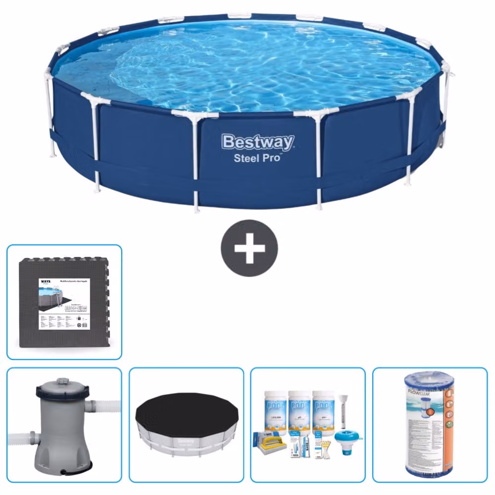 Piscina Bestway Round Steel Pro - 396 x 84 cm - blu - inclusa copertura per la pompa - pacchetto manutenzione - filtro - piastrelle per il pavimento