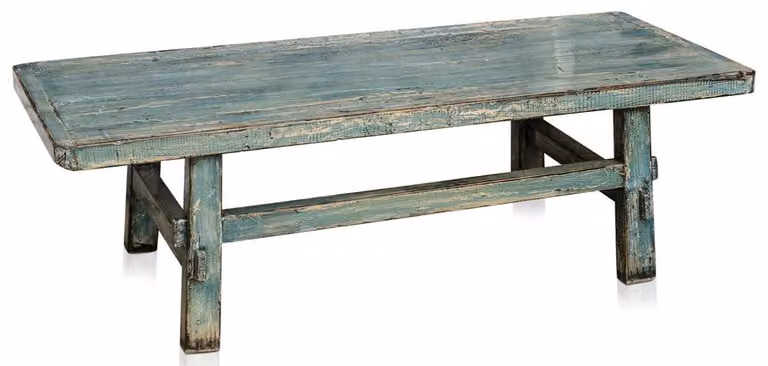Tavolino da salotto in stile rustico "Casa Padrino", realizzato in legno di pino, con finitura anticata, colore blu. Dimensioni: 140 x 54 x 43 cm (larghezza x profondità x altezza)