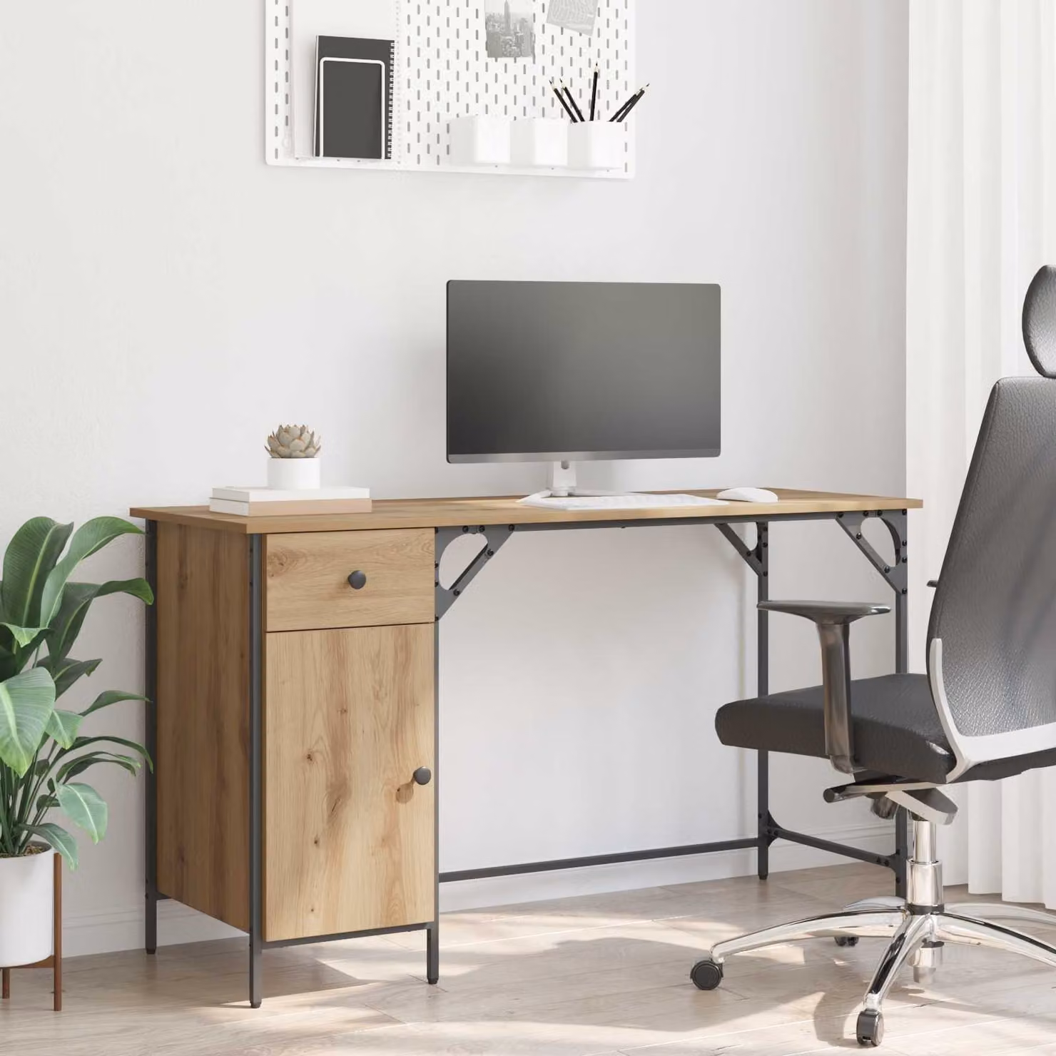 Scrivania per computer vidaXL in stile rustico color rovere, L: 131 cm, P: 48 cm, H: 75 cm