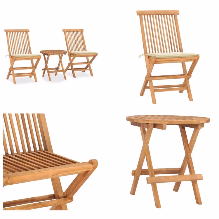 vidaXL Set da pranzo da giardino 3 pezzi con cuscini pieghevoli in teak massiccio - Set di mobili da giardino - Set di mobili da giardino - Tavolo e sedie da giardino - Tavoli e sedie da giardino