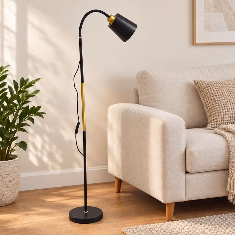 Lampada da Terra Moderna Nera e Oro – Design Minimalista con Testa Orientabile, Altezza 150 cm, Portalampada E27, Base Circolare Stabile e Interruttore su Cavo – Per Soggiorno, Camera e Angolo Lettura