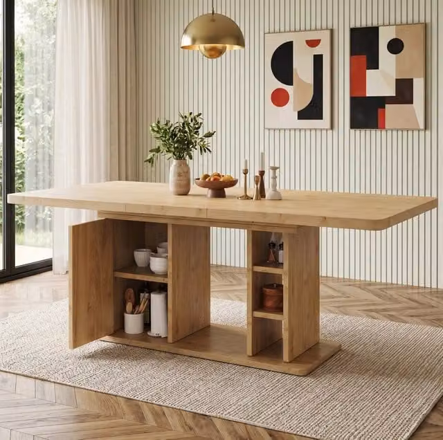 Tavolo da pranzo allungabile 140-180x80 cm con piano spesso e scomparti portaoggetti, stile scandinavo, colore quercia