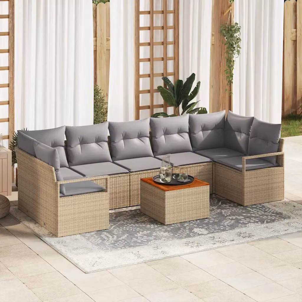 Set Divano da Giardino 8 Pezzi vidaXL in Polyrattan Beige con Cuscini e Tavolino per Terrazza e Balcone