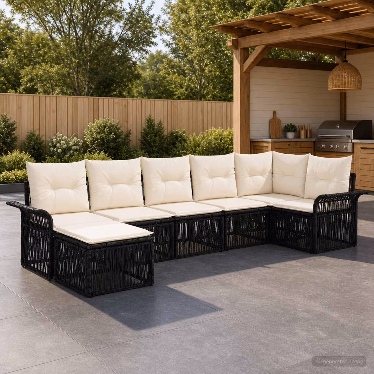 Set Divano da Giardino vidaXL 7 Pezzi in Polyrattan Nero con Cuscini e Struttura in Acciaio con Forma a L