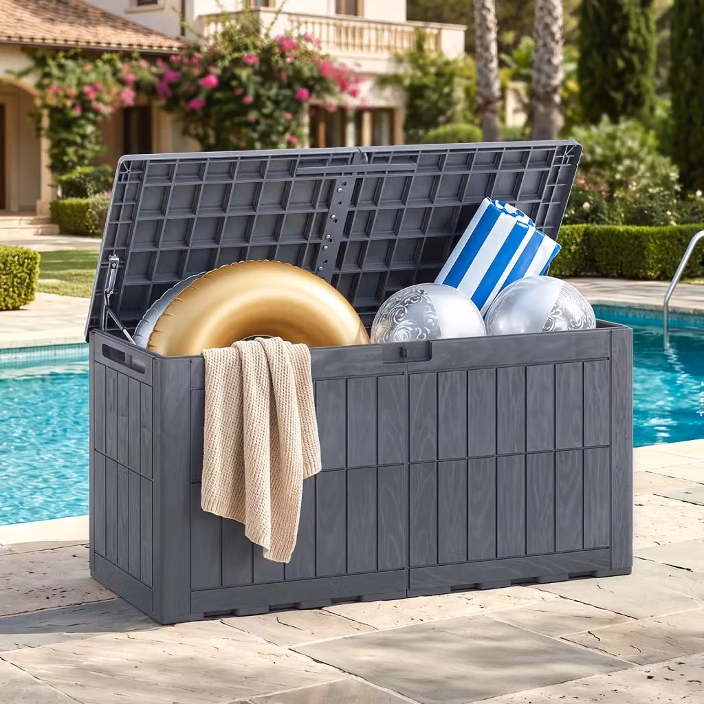 Cassapanca contenitore antintemperie in PP con coperchio e foro per serratura, ideale per giardino, bordo piscina e soggiorno, Grigio – 2