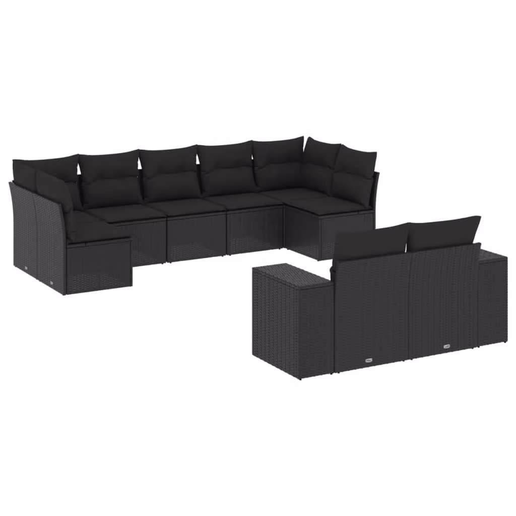 Set Divani da Giardino 9 pz con Cuscini Nero in Polyrattan
