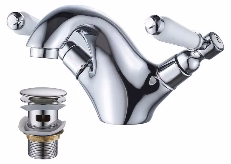 Miscelatore per lavabo a due maniglie con tappo a salvagoccia, cromato, in ottone