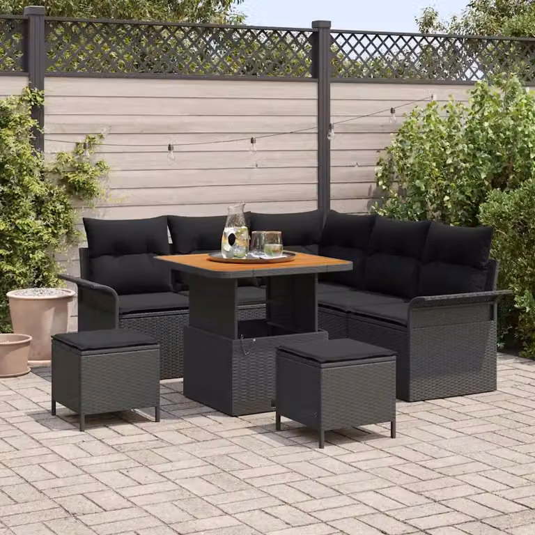 Set Divano da Giardino vidaXL 8 pz Nero con Cuscini e Tavolino in Polyrattan e Acciaio