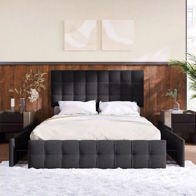 Letto Contenitore Imbottito con 4 Cassetti e Testiera ¨C Xylo ¨C Tessuto Nero 140x200