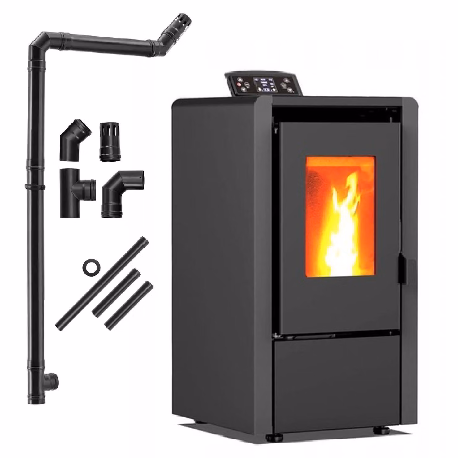 Stufa a pellet THUNDER LEYLA BLACK 6,3 kW con Wi-Fi, controllo tramite app, ventilatore ad aria calda, serbatoio pellet da 16 kg, classe energetica A+