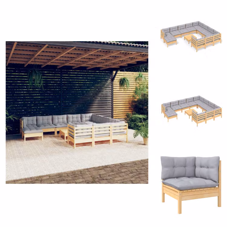vidaXL Set di 12 pezzi da giardino con cuscini grigi in legno di pino - Set di mobili da giardino