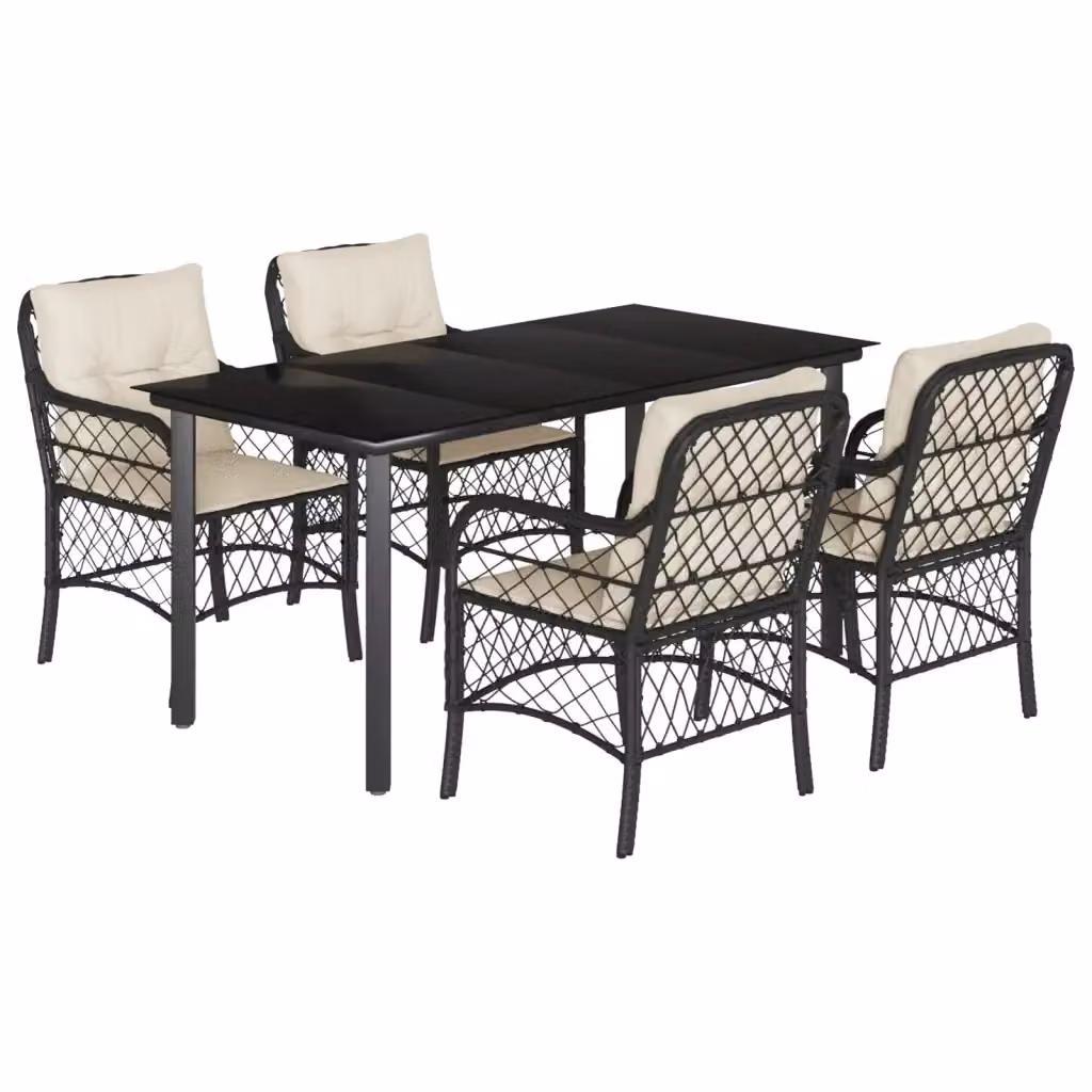 Set da Pranzo da Giardino vidaXL in Polyrattan Nero con Cuscini e Tavolo in Vetro 5 pz – 2