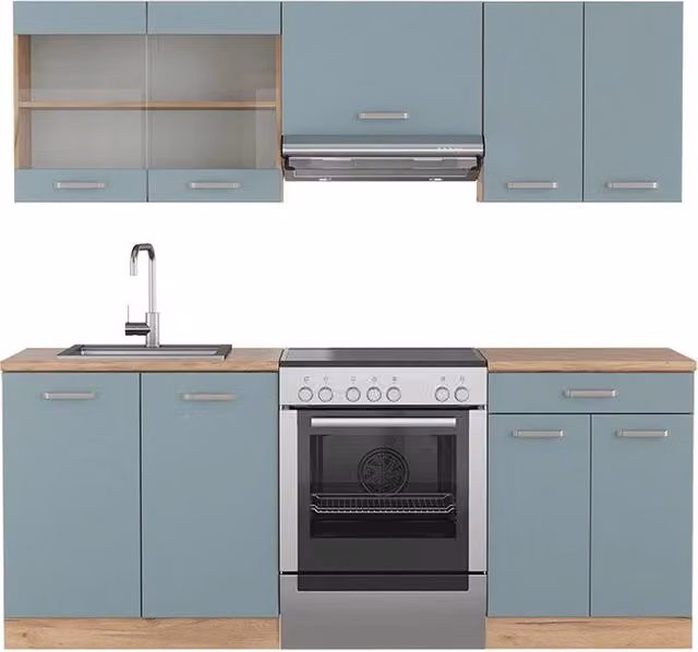 Cucina componibile moderna R-Line Vicco in legno e metallo, Grigio-blu e Rovere, L: 200 cm, P: 60 cm, H: 81,6 cm – 1