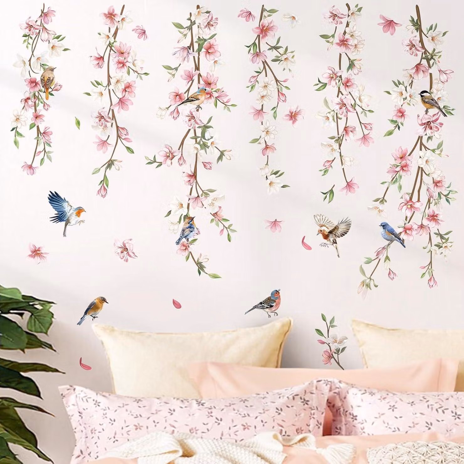 Adesivo murale con fiori appesi - fiori rosa - per camera da letto e soggiorno - 1 set