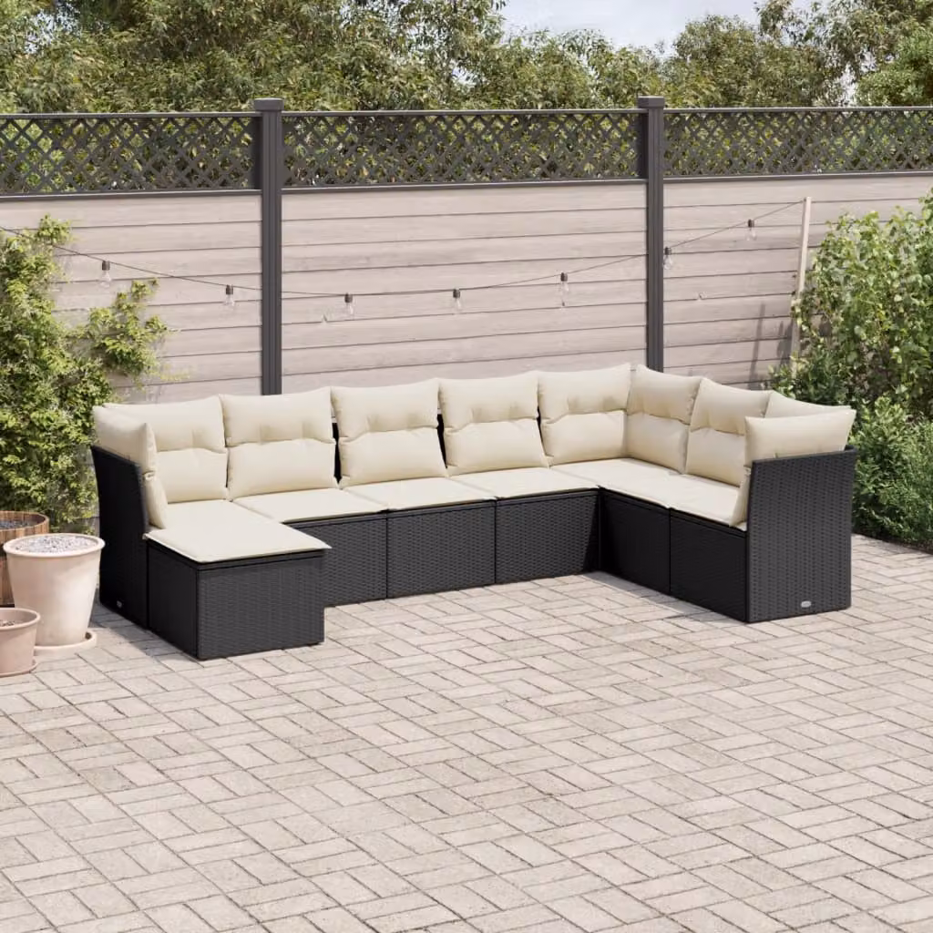 Set di divani da giardino vidaXL in polyrattan nero con 8 cuscini e struttura in metallo – 1
