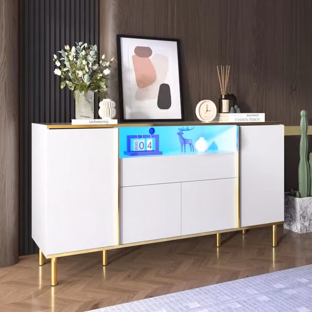 Credenza e madia LED con 4 ante, cassetto e vano, finitura bianco lucido e oro, MDF e truciolare, 150 × 40 × 80 cm