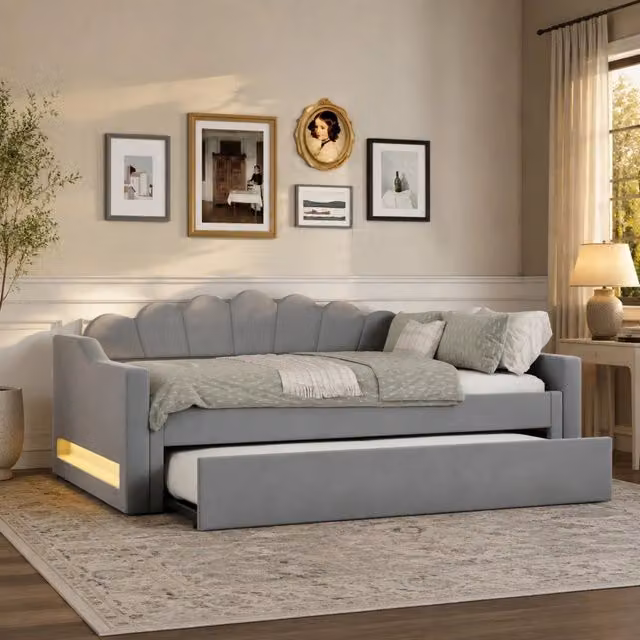 Letto 140x200 cm grigio con letto estraibile e LED, senza materasso