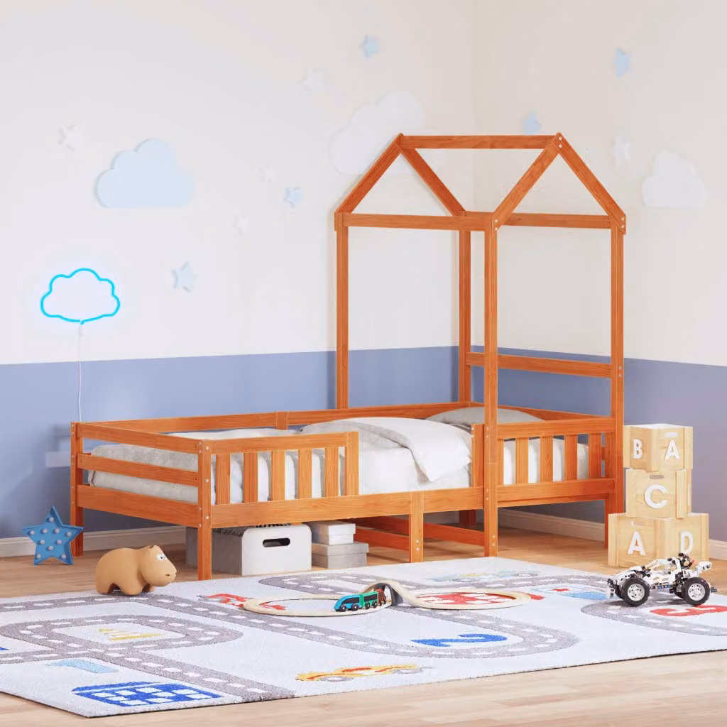 vidaXL Giroletto con Tetto per Bambini in Legno di Pino Massello, Colore Marrone Cera, 90x190 cm