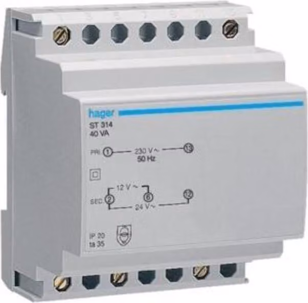Trasformatore di sicurezza HAGER 230V/12+24V ST314 40VA 4PLE