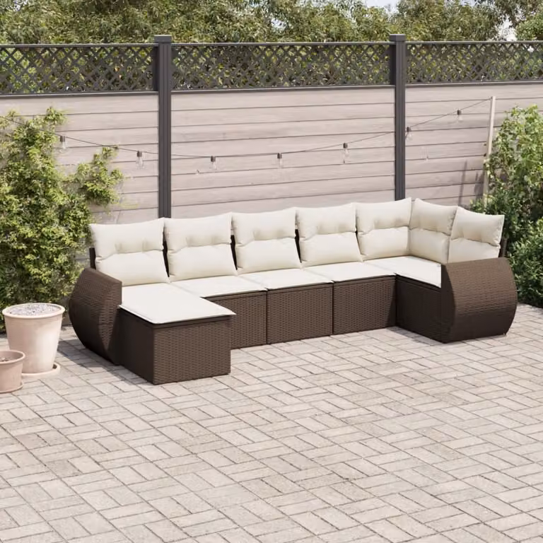 Set di Divani da Giardino vidaXL 7 pz a Forma a L con Cuscini Marrone e Bianco in Polyrattan e Acciaio