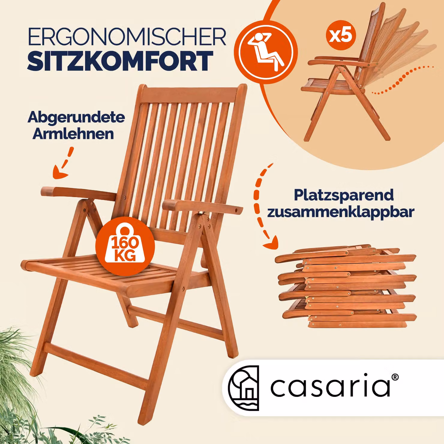 Set di 4 sedie da giardino Casaria in legno di eucalipto FSC marrone con braccioli e design impilabile – 2