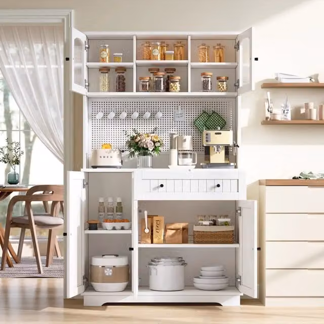 Vetrina Cucina Alta con Porta, Ripiani Regolabili e Pannello Forato, Bianco, 103,5x40x180 cm