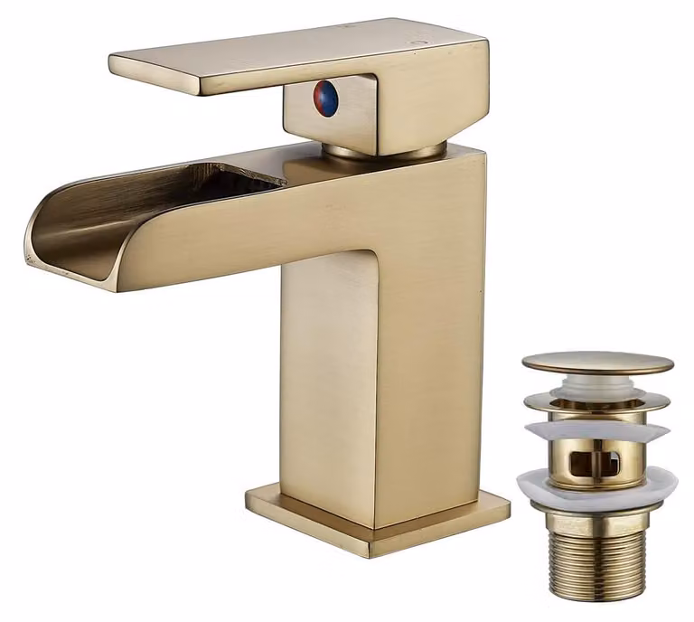 Miscelatore monocomando in ottone con finitura dorata, modello "waterfall" con piletta di scarico inclusa