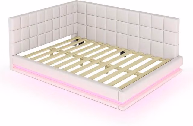 Letto divano imbottito multifunzionale 140x200 cm con LED, porta USB e doghe in lino beige