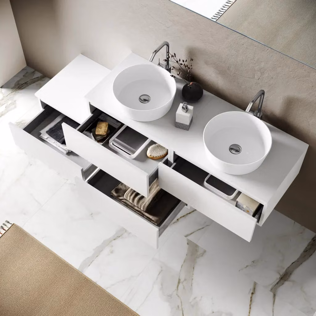 Composizione mobile bagno ASTRA con doppio lavabo in 8 pezzi, colore bianco, L: 160 cm, P: 45 cm, H: 190 cm – 2