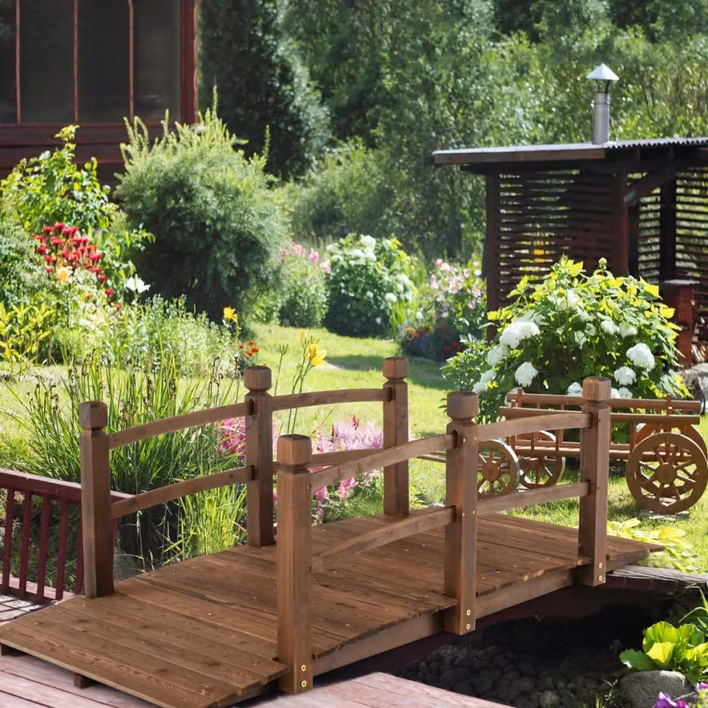Ponte ad arco decorativo in legno marrone per giardino con ringhiere di sicurezza e portata 180kg – 2