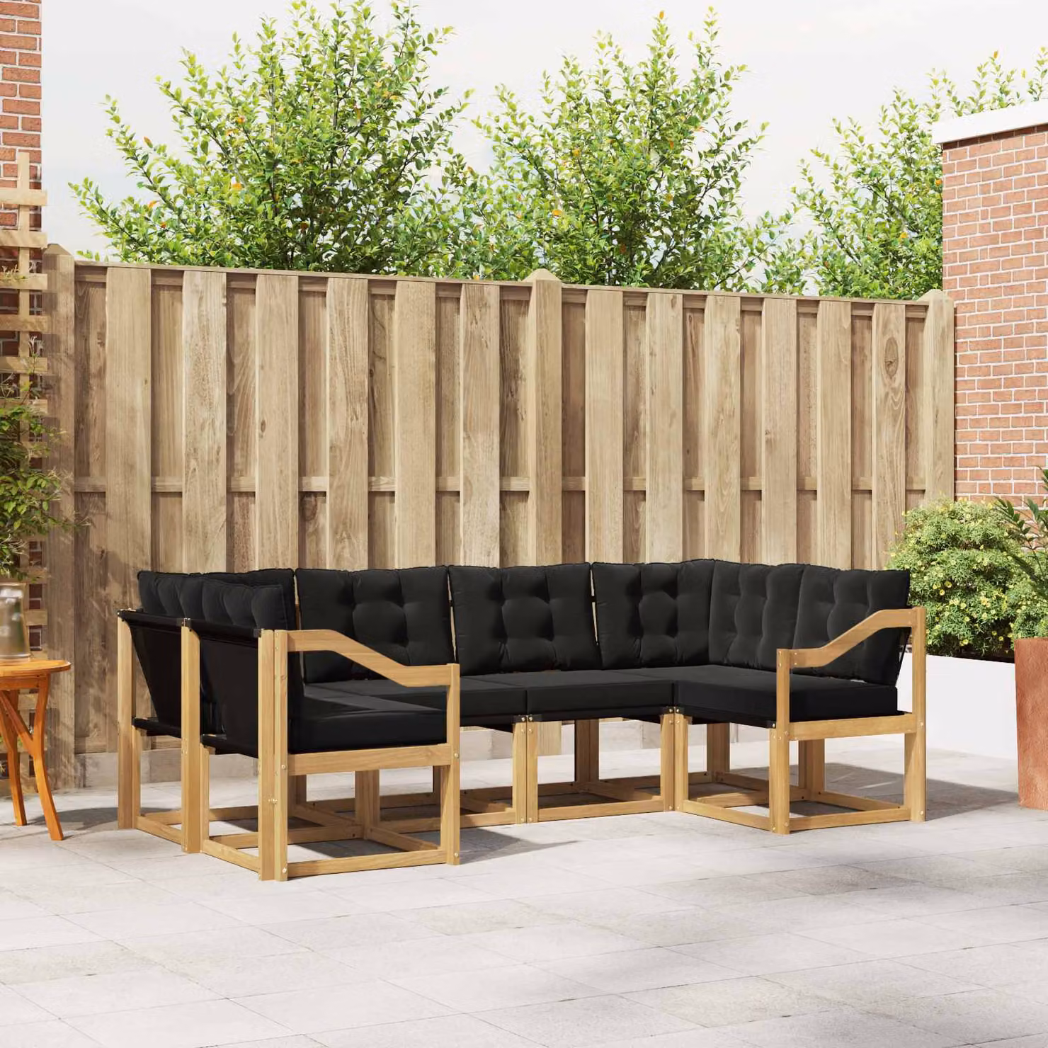 Set di divani da esterno vidaXL a forma di L composto da 6 pezzi in legno di acacia con cuscini in tessuto textilene bianco, nero e marrone