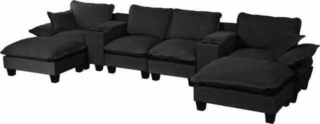 Divano modulare a U Cloud in chenille nero con 2 pouf, 2 cuscini, stazioni di ricarica USB e porta bevande
