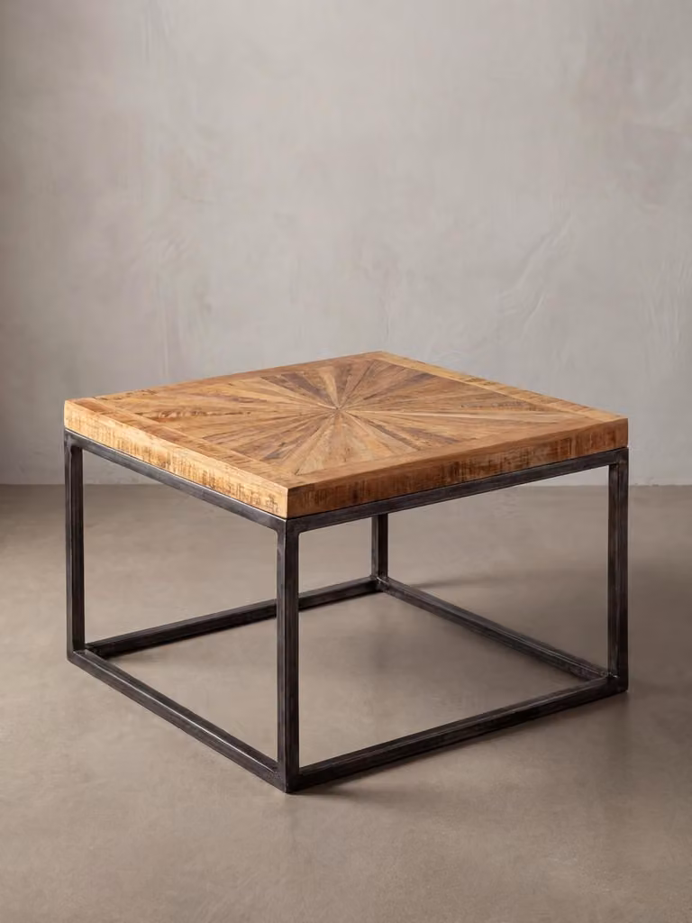 Tavolino in legno massello di mango 55x40x55 cm Tavolino con struttura in metallo, tavolino da salotto quadrato in stile industriale, tavolino da divano moderno in legno massello