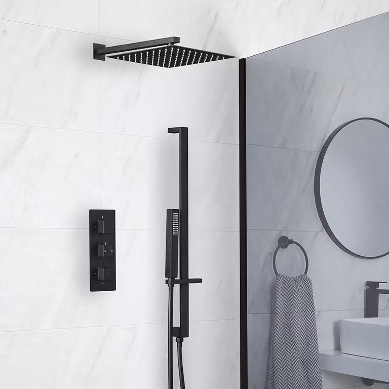 Sistema Termostatico Nero per Doccia e Vasca  con Soffione Quadrato a 300mm, Asta Saliscendi con Doccetta (2 Vie) - Preto