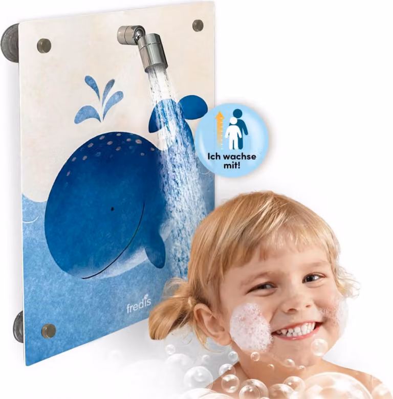 Motivo doccia per bambini FREDIS "Balena" | Avventure acquatiche giocose per i bambini | Installazione senza trapano | Piastra motivo con soffione, tubo flessibile e 2 modalità di getto *B-Goods*