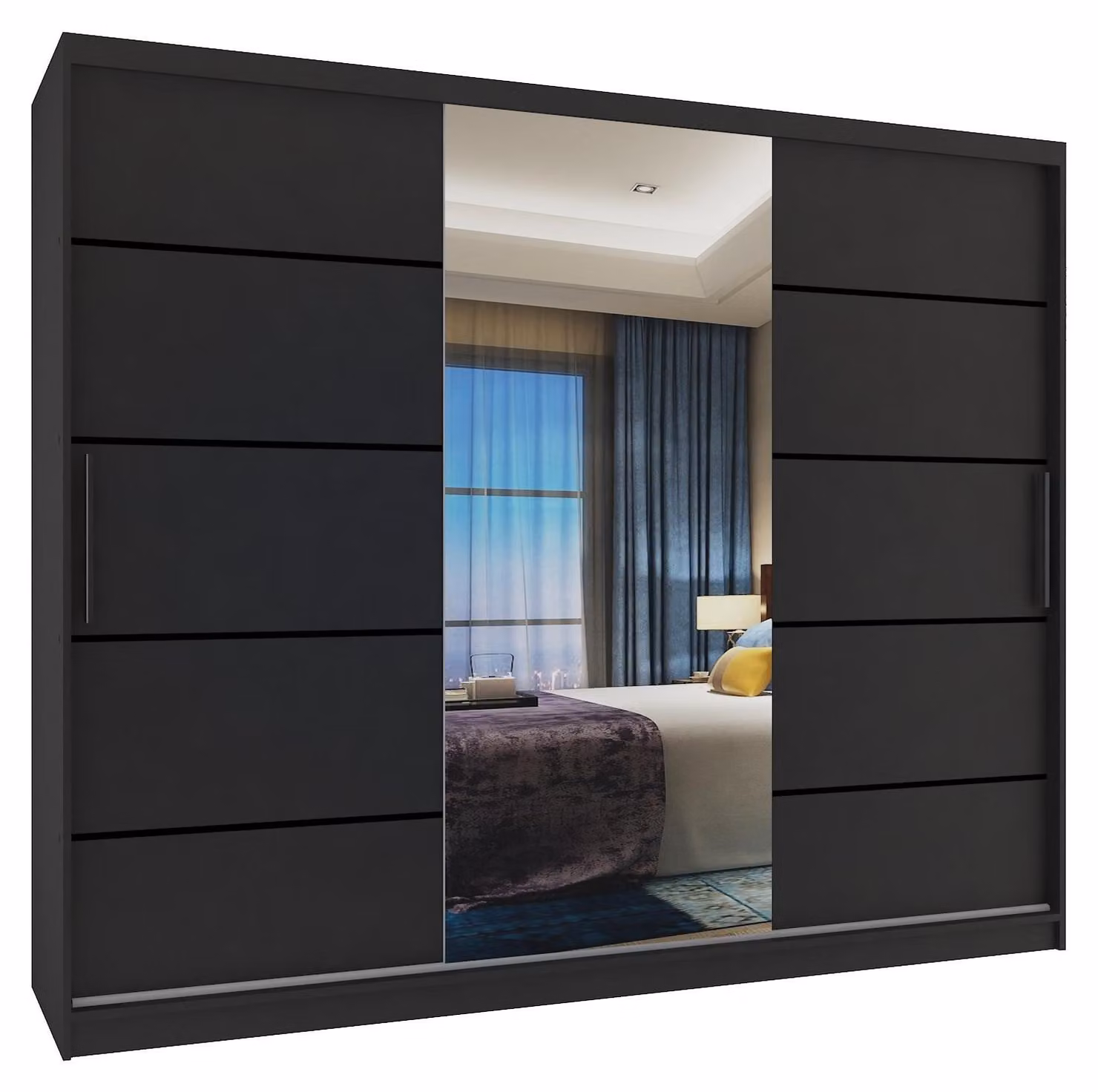 BELINI Verona, armadio scorrevole da 232 cm, nero opaco - armadio con specchio e 4 cassetti, ideale per la camera da letto