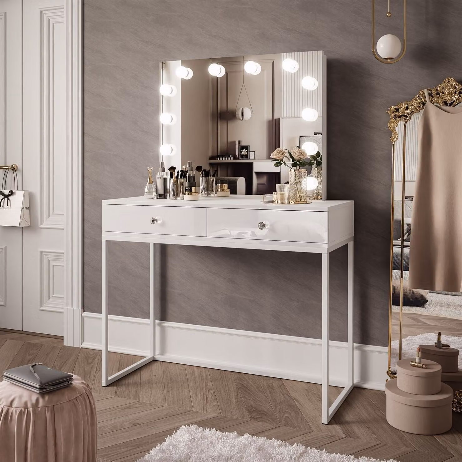 Tavolo da trucco BLANCO LOFT ELITE con specchio e illuminazione Bianco / Bianco lucido Maniglia in cristallo bianco